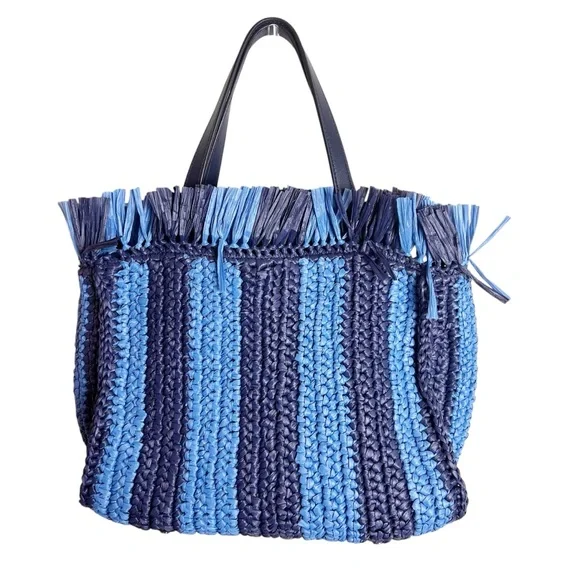 Kate Spade Sam Stripe Straw Medium Satchel Blue - Picture 2 of 16